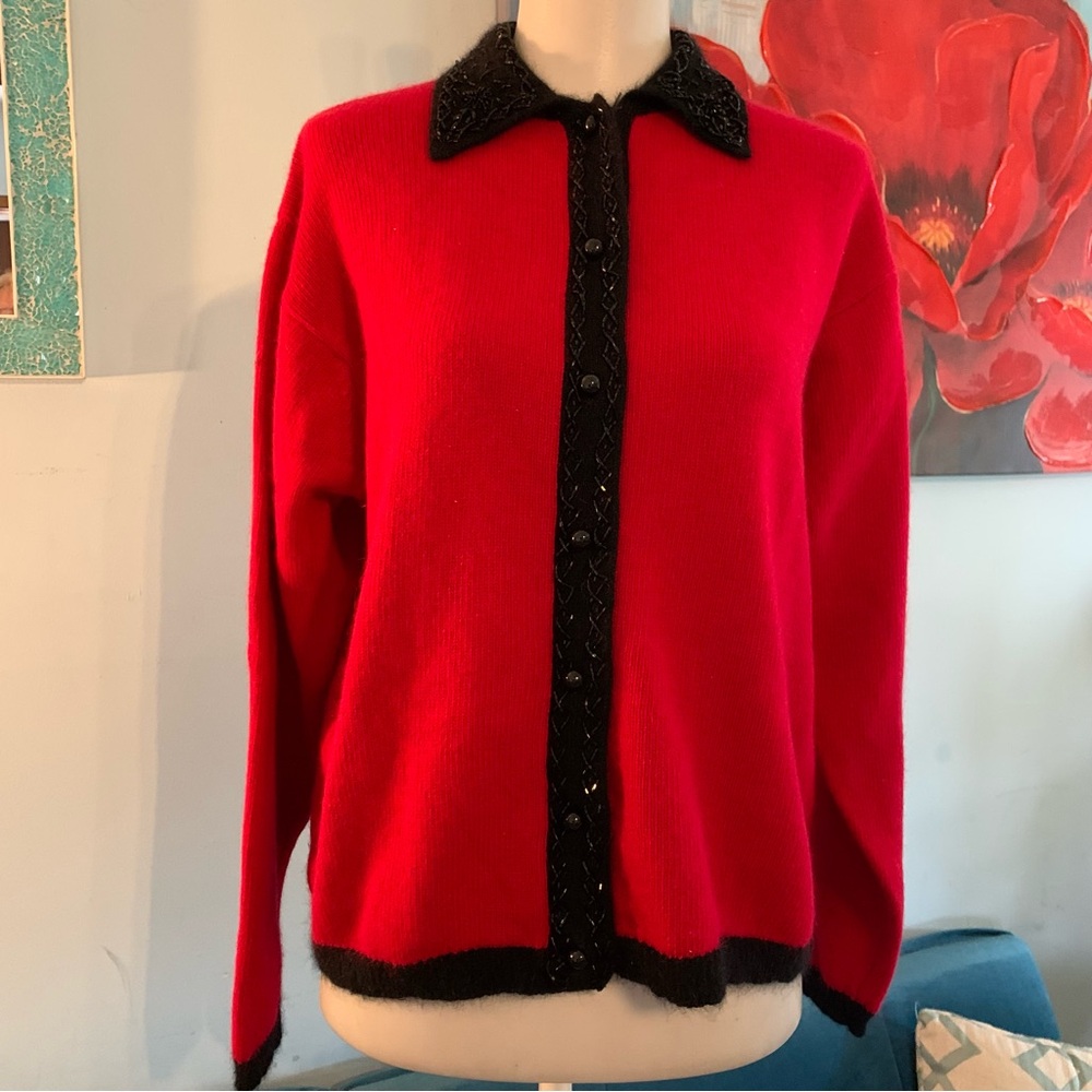 Rosanna Womens Button Front Beaded Red Cardigan Sweater Size M Angora Lambswool